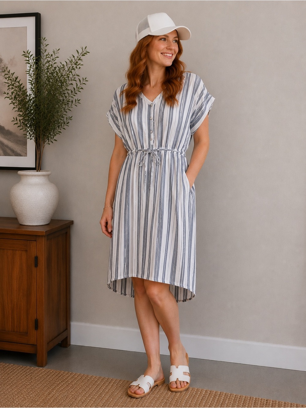 Time and Tru White and Gray Striped V-Neck Drawstring Waist Dress